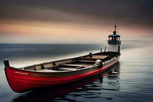 un' rosso barca galleggiante nel il acqua a tramonto. ai-generato foto