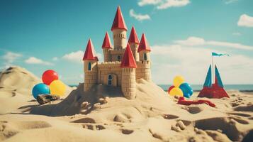 Vintage ▾ colore sabbia castello su il spiaggia con blu cielo sfondo ai generato foto