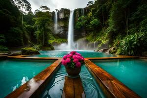 bellissimo cascata nel il giungla con fiori nel il acqua. ai-generato foto