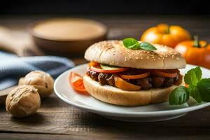 un' Hamburger con verdure e pomodori su un' piatto. ai-generato foto