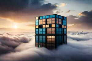 un' cubo sagomato edificio nel il nuvole. ai-generato foto
