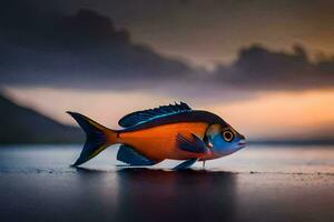 un' pesce è in piedi su il spiaggia a tramonto. ai-generato foto