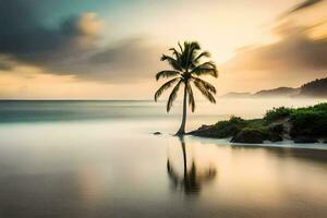 un' solitario palma albero sta su il riva di un' spiaggia. ai-generato foto