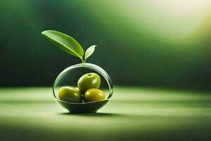 olive nel un' bicchiere ciotola con verde le foglie. ai-generato foto