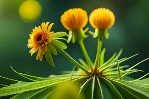 Due giallo fiori siamo in crescita su superiore di un' verde pianta. ai-generato foto