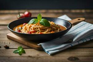 spaghetti con pomodoro salsa e basilico le foglie nel un' ciotola su un' di legno tavolo. ai-generato foto