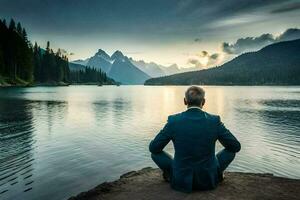 un' uomo nel un' completo da uomo si siede su il bordo di un' lago a tramonto. ai-generato foto