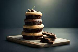 un' pila di cupcakes su un' taglio tavola. ai-generato foto