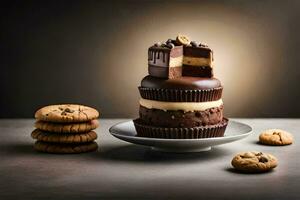 un' cioccolato torta con biscotti su un' piatto. ai-generato foto