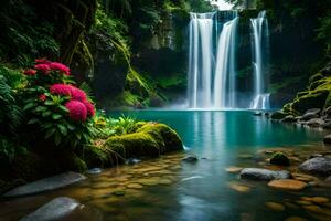 bellissimo cascata nel il giungla con rosa fiori. ai-generato foto