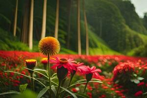 un' campo di rosso e giallo fiori nel il foresta. ai-generato foto