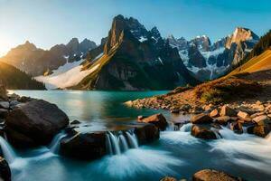 il sole sorge al di sopra di un' montagna lago e cascata. ai-generato foto