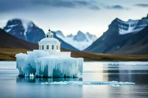 un' piccolo faro si siede su superiore di un iceberg nel il mezzo di un' lago. ai-generato foto