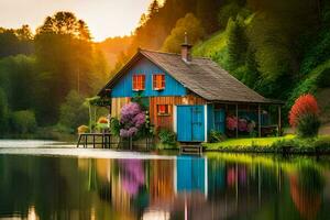 un' blu Casa si siede su il riva di un' lago. ai-generato foto