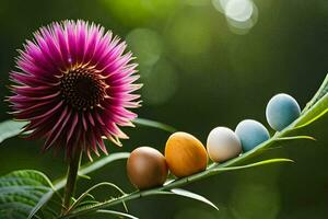 colorato uova su un' pianta con un' fiore. ai-generato foto