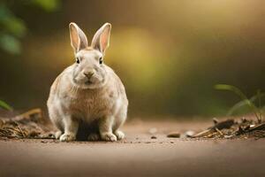 un' coniglio seduta su il terra nel davanti di un' verde sfondo. ai-generato foto