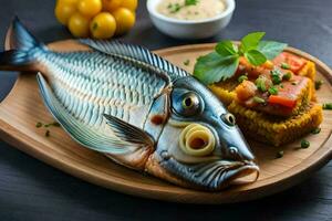 un' pesce con occhi e un' coltello su un' di legno taglio tavola. ai-generato foto