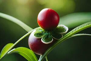 un' rosso frutta su un' pianta con verde le foglie. ai-generato foto