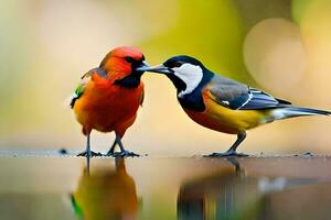 Due colorato uccelli in piedi su un' bagnato superficie. ai-generato foto