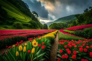 un' campo di fiori con rosso e giallo tulipani. ai-generato foto