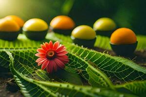 un' fiore e parecchi uova su un' verde foglia. ai-generato foto