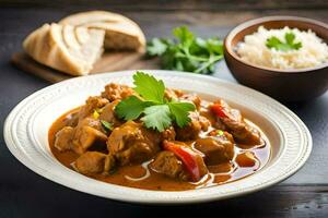 pollo curry nel un' bianca ciotola con pane e un' lato di Riso. ai-generato foto