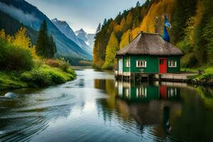 un' piccolo Casa si siede su il lato di un' fiume. ai-generato foto