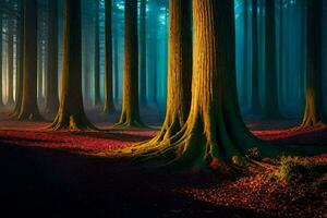 un' foresta con alberi e rosso le foglie. ai-generato foto