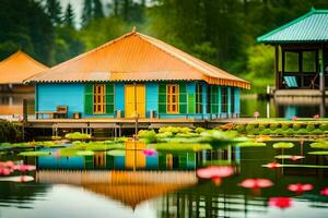 colorato Casa su il lago con acqua gigli. ai-generato foto