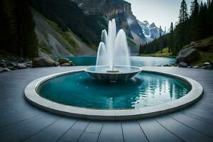 un' Fontana nel il mezzo di un' lago circondato di montagne. ai-generato foto