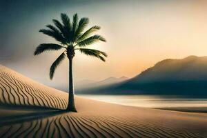 un' palma albero sta solo nel il deserto a tramonto. ai-generato foto