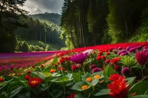 un' campo di rosso e arancia fiori nel il foresta. ai-generato foto