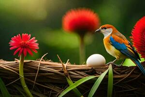 un' uccello si siede su un' nido con rosso fiori. ai-generato foto