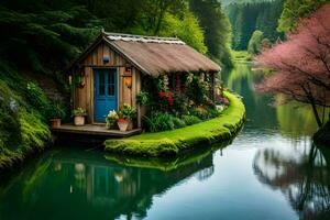 un' piccolo cabina si siede su il lato di un' fiume. ai-generato foto