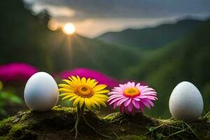 tre uova con fiori nel il sfondo. ai-generato foto