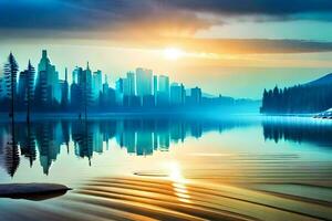 un' città è riflessa nel il acqua a tramonto. ai-generato foto