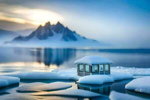 un' piccolo capanna si siede su il ghiaccio nel davanti di un' montagna. ai-generato foto