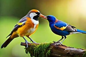 Due colorato uccelli in piedi su un' ramo. ai-generato foto