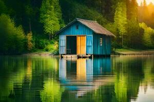 un' blu Casa si siede su il bordo di un' lago. ai-generato foto