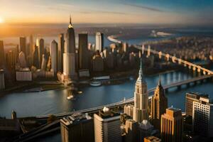 il sole imposta al di sopra di il città orizzonte nel nuovo york. ai-generato foto