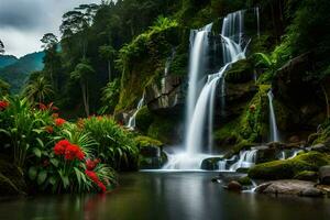 bellissimo cascata nel il giungla con rosso fiori. ai-generato foto