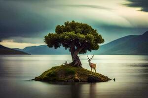 un' solitario albero sta su un isola nel il mezzo di un' lago. ai-generato foto