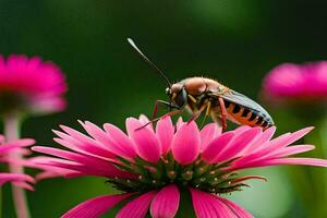 un' insetto su un' rosa fiore con un' verde sfondo. ai-generato foto