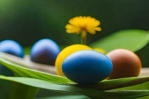 colorato Pasqua uova su un' foglia. ai-generato foto