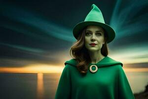 un' donna nel un' verde cappello e verde vestire. ai-generato foto