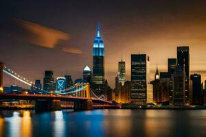 il città orizzonte a notte con il Manhattan ponte nel il primo piano. ai-generato foto