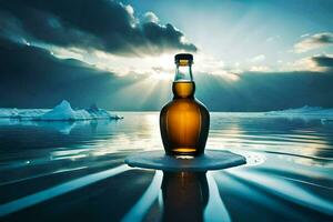un' bottiglia di whisky su un iceberg. ai-generato foto