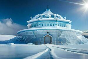 un' grande edificio fatto di ghiaccio nel il mezzo di un' nevoso campo. ai-generato foto