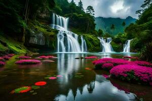 bellissimo cascata nel il foresta con rosa fiori. ai-generato foto