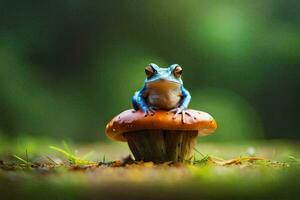 un' blu rana seduta su superiore di un' fungo. ai-generato foto